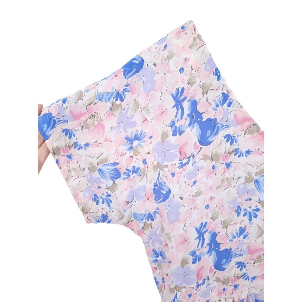VTG 80s Pink Blue Green White Floral V-Neck V-Back Midi Fit & Flare Dress L - Picture 3 of 8